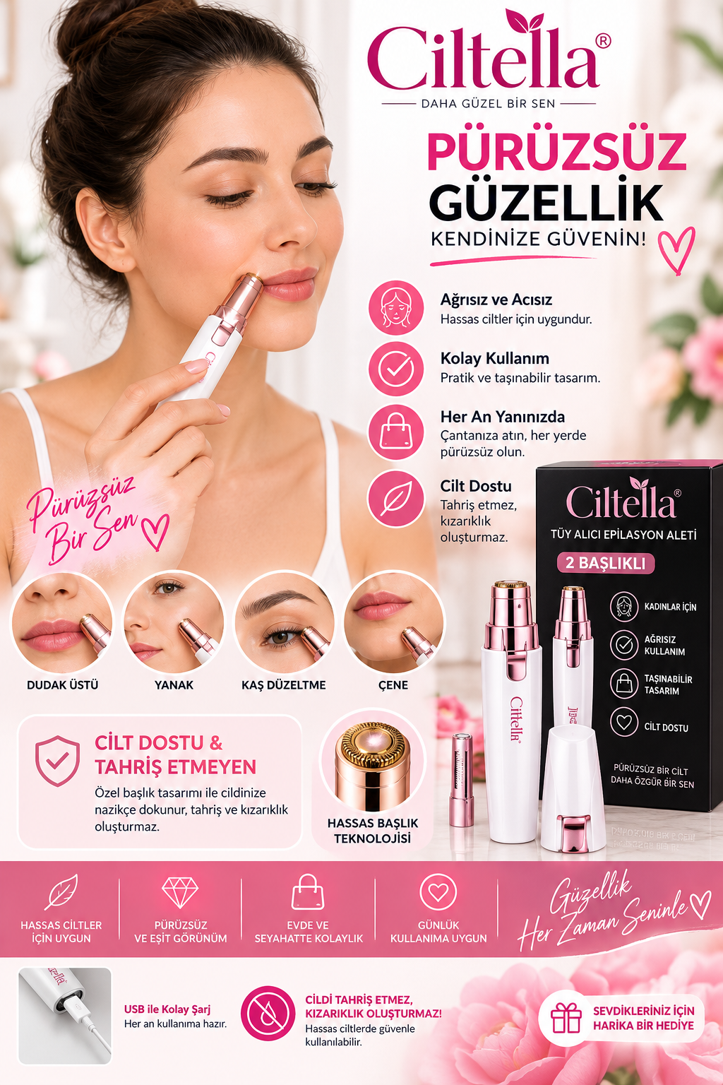 Ciltella 2 Başlıklı Tüy Alıcı Epilasyon Aleti