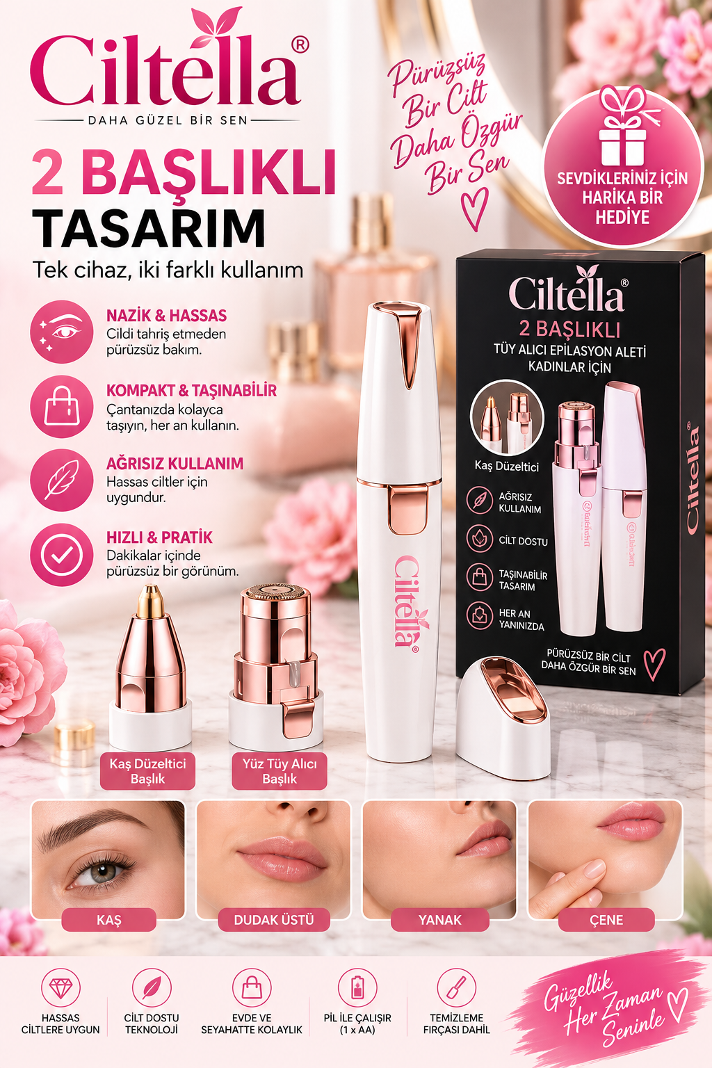 Ciltella 2 Başlıklı Tüy Alıcı Epilasyon Aleti